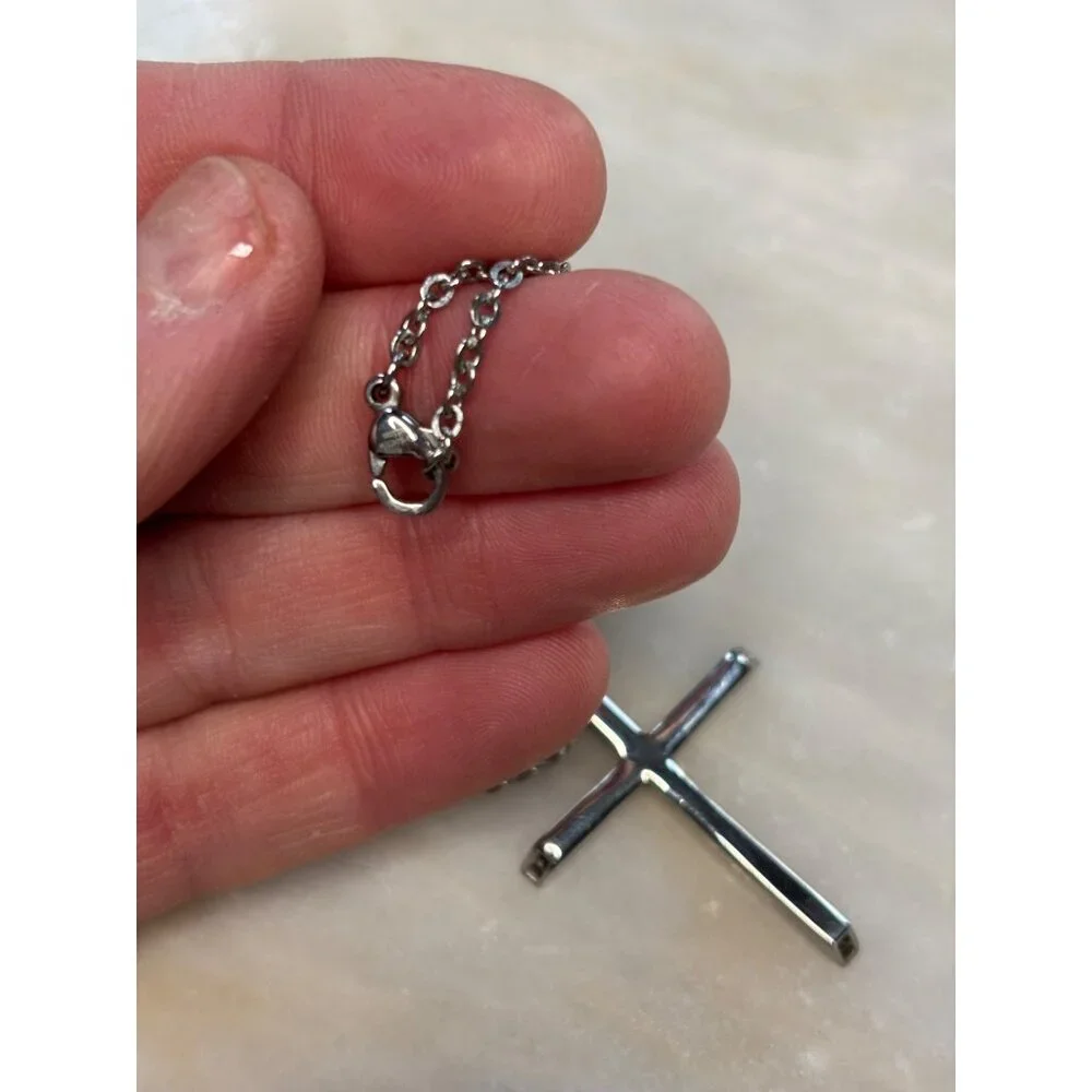 Stamped Chisel Sterling Silver Cross Pendant Necklace - Picture 5 of 12